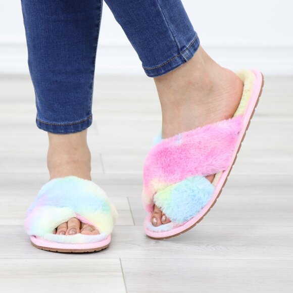 Cross Strap Tie Dye Multi Color Puff Fuzzy Furry Fluffy Slip On Plush Slippers - Picture 13 of 15